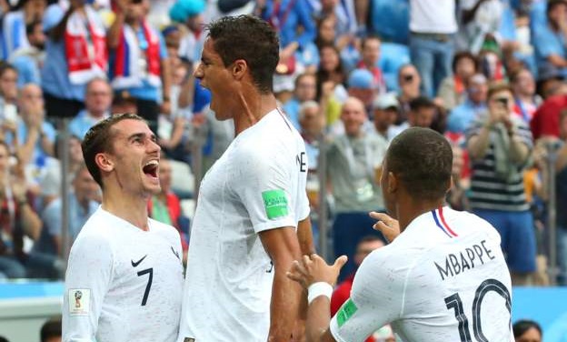 France celebrate goal against Uruguay