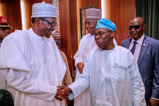 JUST IN: Obasanjo, Buhari face to face at Council of State meeting