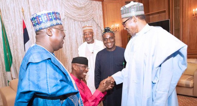Omo-Agege kneeling to greet Buhari very sad –Omokri, others
