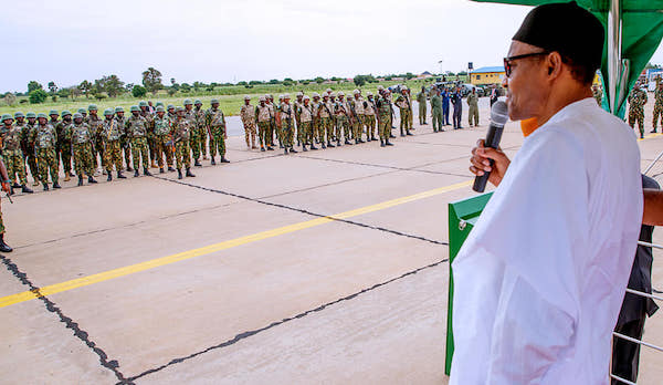 Buhari addressing troops in Katsina